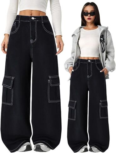 Nivne Tco Tween Girl Cargo Jeans أسود كاجوال بسحاب مغسول فضفاض واسع الساق من قماش الدنيم مع جيوب جانبية in Kuwait