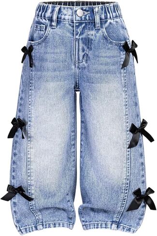 GORGLITTER Girl's Baggy Jeans Denim Fall Bow High Waisted Straight Wide Leg Cargo Joggers Pants Cowgirl Jeans in Saudi Arabia