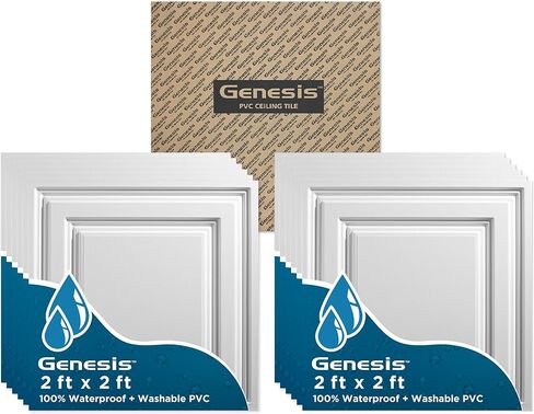 Genesis 2ft x 2ft White Icon Relief Ceiling Tiles - Easy Drop-in Installation – Waterproof, Washable and Fire-Rated - High-Grade PVC to Prevent Breakage - Package of 12 Tiles in Saudi Arabia