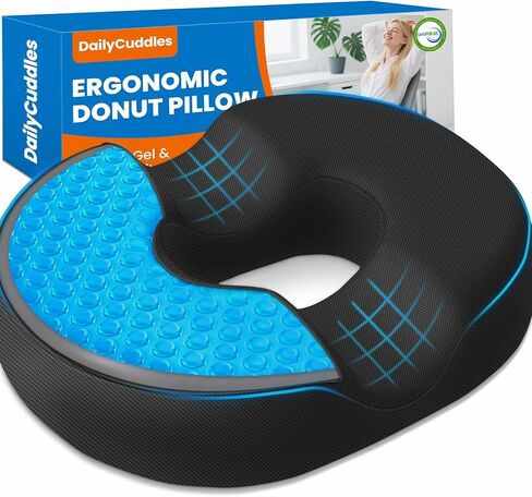 وسادة على شكل دونات لألم عظم الذنب والبواسير - وسادة مقعد من إسفنج الذاكرة من جل التبريد للمكتب والمنزل والكرسي المتحرك، وسادة كرسي مريحة للحمل، وعرق النسا، والعصعص (كبير، أسود) in Kuwait