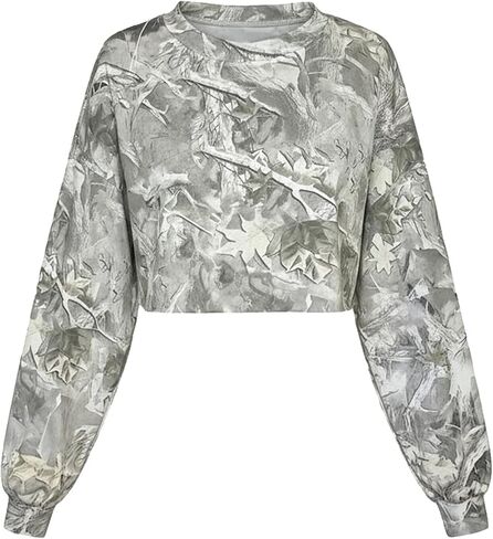 SweatyRocks الفتاة Y2k اقتصاص بلوزات شجرة فرع طباعة Crewneck كم طويل فضفاض البلوز القمم in Kuwait