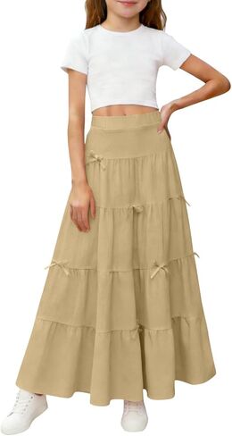 Girls Bowknot Maxi Skirt Casual Cute Elastic High Waist Pleated Long Skirt Summer Boho Flowy Swing A Line Tiered Skirts in Saudi Arabia