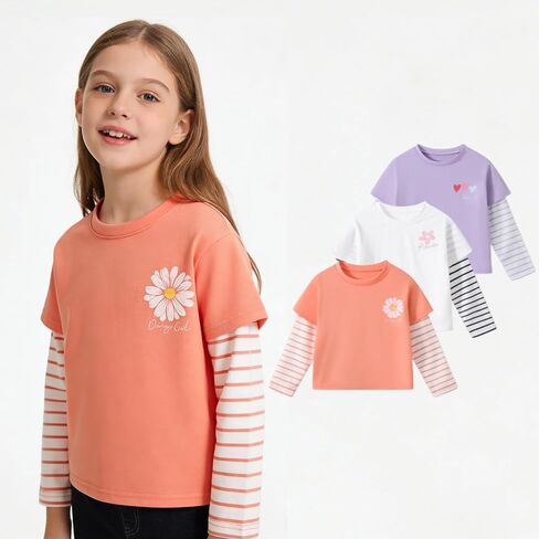 3 Pcs Girls Long Sleeve Shirts Floral Print Cute Tops Crew Neck Casual Daily Blouse 4-12Y in Saudi Arabia
