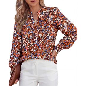 BTFBM Womens Tops Dressy Casual Fall 2025 Boho Floral V Neck Long Sleeve Half Button Down Shirt Work Business Blouses in Kuwait
