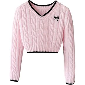 Girl's Bow Embroidery Cable Knit Cropped Sweaters V Neck Long Sleeve Preppy Pullover Jumper in Saudi Arabia