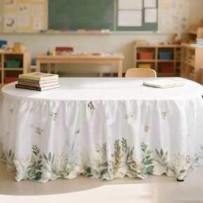14FT Eucalyptus Leaf Table Skirt Back to School Teacher Desk Skirt Greenery Eucalyptus Classroom Table Cover Skirts for First Day of School Supply Kindergarten Preschool Office Bookcase Cabinet Decor in Saudi Arabia