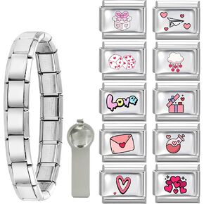 papasgix Italian Charm Bracelet Charms Silver Set with Starter Brascelet, Love Assorted Italian Charms for Bracelets and Opening Tool, 9mm Modular Italian Charm Bulk Pack Links Handmade DIY Jewelry in Saudi Arabia