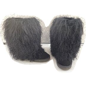 FurinFashion MSBT النساء الحقيقي الفراء الضأن المنغولي أحذية الثلوج لفصل الشتاء في الهواء الطلق الأحذية الدافئة مع حقيقية التبتية كبيرة رقيق الفراء الأغنام الفراء الجوارب مع بطانة الفراء الناعمة فروي غامض المظهر أحذية للفتيات السيدات مع شعر طويل مجعد طويل in Kuwait