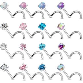 18G 20G Nose Rings Studs for Women Stainless Surgical Steel Corkscrew Straight L Shaped Nose Rings Studs Round Heart Squaer Clear CZ Opal Nostril Piercing Jewelry for Women Men Silver in Kuwait