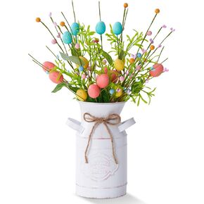 قطع مركزية لعيد الفصح الربيعي للطاولات، ديكور للطاولة مع بيض عيد الفصح والتوت الباستيل، مزهرية معدنية بيضاء عتيقة، قطع مركزية للطاولة الربيعية، 5 قطع ديكورات عيد الفصح داخلية للمكتب المنزلي in Kuwait