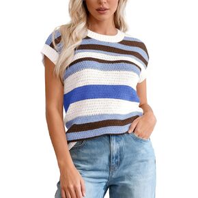 dowerme Womens Spring Tank Tops 2026 Cute Cap Sleeve Crewneck Color Block Crochet Sweater Vest Striped Summer Outfits in Saudi Arabia