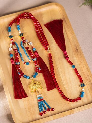 Ancient Style Noble Sweater Chain with Red Yingluo Peace Lock Choker, Hanfu Ma Mian Skirt Accessory, Traditional Chinese Style Accessories in Saudi Arabia