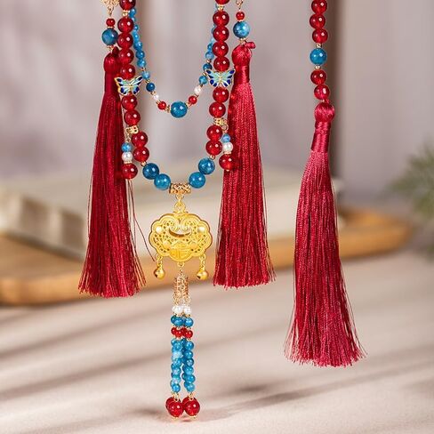 Ancient Style Noble Sweater Chain with Red Yingluo Peace Lock Choker, Hanfu Ma Mian Skirt Accessory, Traditional Chinese Style Accessories in Saudi Arabia