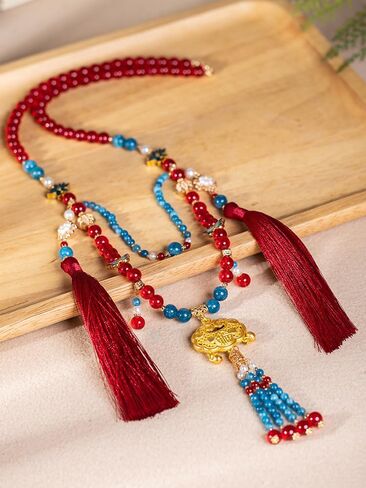 Ancient Style Noble Sweater Chain with Red Yingluo Peace Lock Choker, Hanfu Ma Mian Skirt Accessory, Traditional Chinese Style Accessories in Saudi Arabia