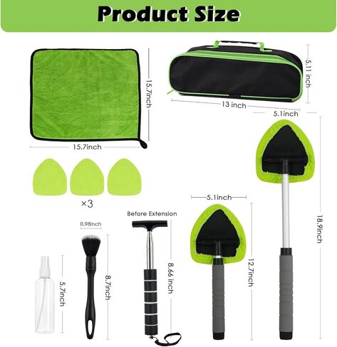 7PCS Windshield Cleaner Tool, Car Windshield Cleaner Tool+Side Mirror Squeegee +3 Microfiber Pads+100ml Spray Bottle+1 Detailing Brush,12-19inches Extendable Handle,180° Rotation in Kuwait