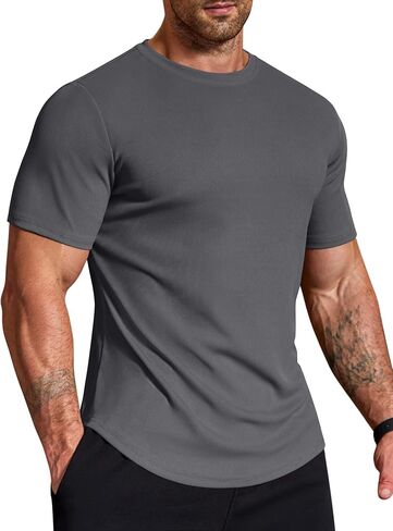 COOFANDY Mens Muscle Shirt Short Sleeve Slim Fit T-Shirts Texture Crewneck Tees Longline Gym Workout Athletic Shirt in Saudi Arabia
