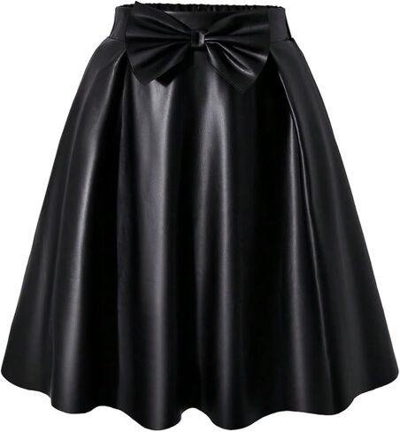 Girl's Bow Faux Leather Skirt Elastic Waist A Line Going Out Short Skirts in Saudi Arabia
