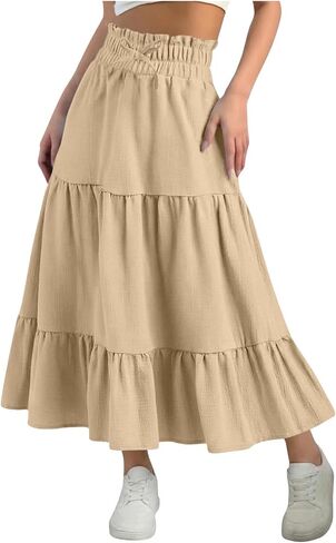 Girls Maxi Skirt Casual Ruffle High Waisted Long Skirt Summer Boho A Line Flowy Swing Tiered Pleated Drawstring Skirts in Saudi Arabia