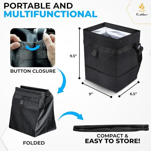 EcoNour Foldable Car Trash Bag Hanging, Garbage Bag and Waterproof Trash Can for Car, Leakproof Trash Can, SUV and Truck Seat Backs, Home, Office - Holds 2.5 Gallons (Black) in Kuwait
