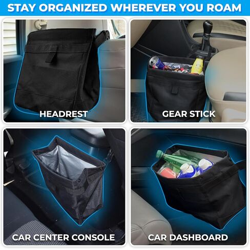 EcoNour Foldable Car Trash Bag Hanging, Garbage Bag and Waterproof Trash Can for Car, Leakproof Trash Can, SUV and Truck Seat Backs, Home, Office - Holds 2.5 Gallons (Black) in Kuwait