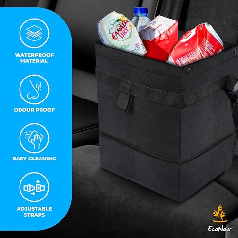 EcoNour Foldable Car Trash Bag Hanging, Garbage Bag and Waterproof Trash Can for Car, Leakproof Trash Can, SUV and Truck Seat Backs, Home, Office - Holds 2.5 Gallons (Black) in Kuwait