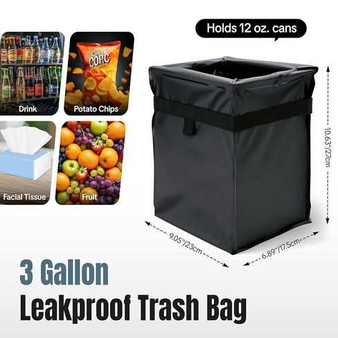 Car Trash Bag, Leakproof Waterproof Auto Garbage Container, Collapsible Portable Hanging Organizer for Car, SUV and Truck Seat Backs, 3 Gallons 9.05x6.89x10.63 Inches Black in Saudi Arabia