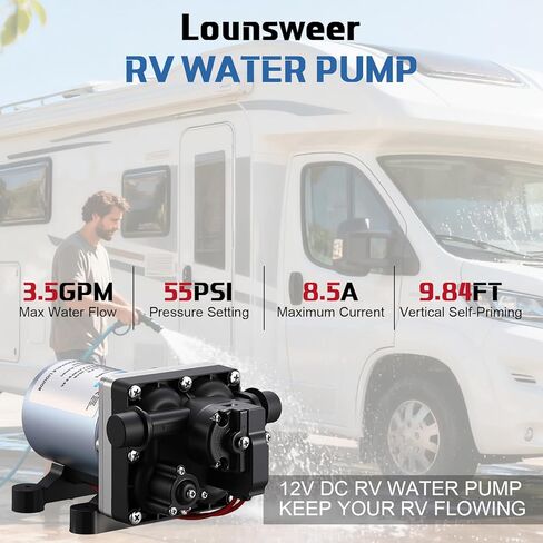 مضخة مياه Lounsweer 12V RV - مضخة مياه ثورة 3.5 GPM / 55 PSI مع التشغيل الجاف والحماية الحرارية، تشغيل هادئ متوافق مع RV، المقطورة، العربة، الدش، استبدال الرشاش، F45-035-055-101 in Kuwait