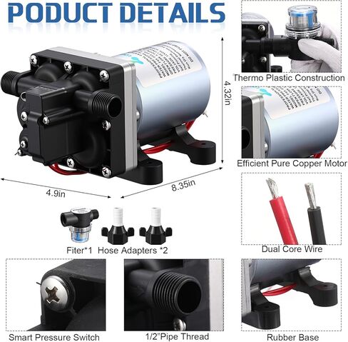 مضخة مياه Lounsweer 12V RV - مضخة مياه ثورة 3.5 GPM / 55 PSI مع التشغيل الجاف والحماية الحرارية، تشغيل هادئ متوافق مع RV، المقطورة، العربة، الدش، استبدال الرشاش، F45-035-055-101 in Kuwait