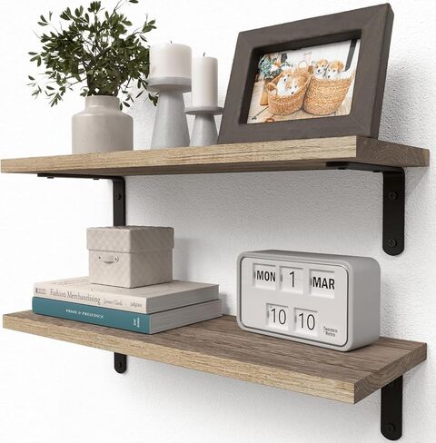 RICHER HOUSE Rustic Wood Shelves Set of 2, Farmhouse Style Floating Shelf for Wall Décor, Hanging Shelves for Bathroom, Bedroom, Storage, Kitchen, Living Room - Carbonized Black in Saudi Arabia