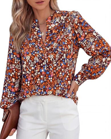 BTFBM Womens Tops Dressy Casual Fall 2025 Boho Floral V Neck Long Sleeve Half Button Down Shirt Work Business Blouses in Kuwait