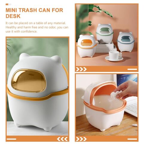 Cartoon Bear Desktop Trash Can with Lid, Mini Plastic Waste Basket for ’ Room, White and Yellow Flip-top Tiny Trash Bin for Desk Use in Saudi Arabia