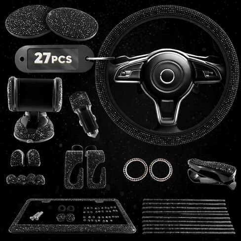 Pink Car Accessories Set, 27 Pieces – Bling Car Accessories for Interior Styling with Rhinestone Details for Daily Use, Universal Fit Kit for Steering Wheel, Vents, Mirror Area, Great Gift for Women in Saudi Arabia