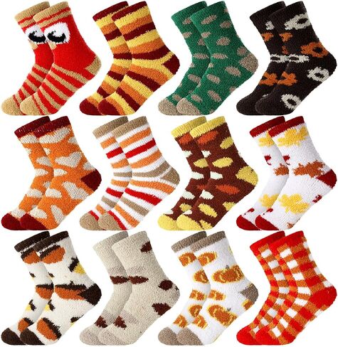 Newcotte 12 Pcs Halloween Fuzzy Socks Set Pumpkin Spooky Warm Soft Coral Fleece Socks Ghost Candy Corn Skull Round Eyes Dot Pattern Cozy Novelty for Fall Halloween Party Women Teens Unisex Gift in Saudi Arabia
