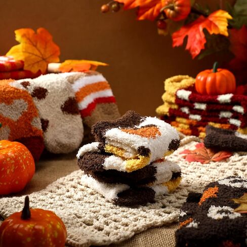 Newcotte 12 Pcs Halloween Fuzzy Socks Set Pumpkin Spooky Warm Soft Coral Fleece Socks Ghost Candy Corn Skull Round Eyes Dot Pattern Cozy Novelty for Fall Halloween Party Women Teens Unisex Gift in Saudi Arabia