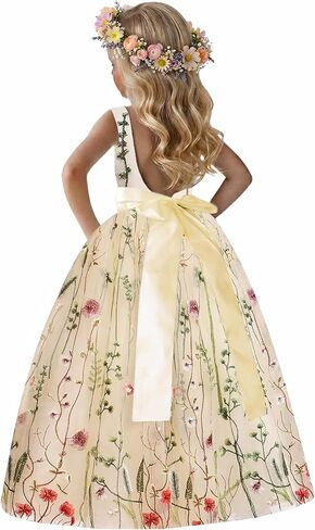 2Bunnies Wildflower Floral Embroidered Tulle A-Line Fit Flare Sweetheart Neckline Back Bow Flower Girl Dress in Kuwait