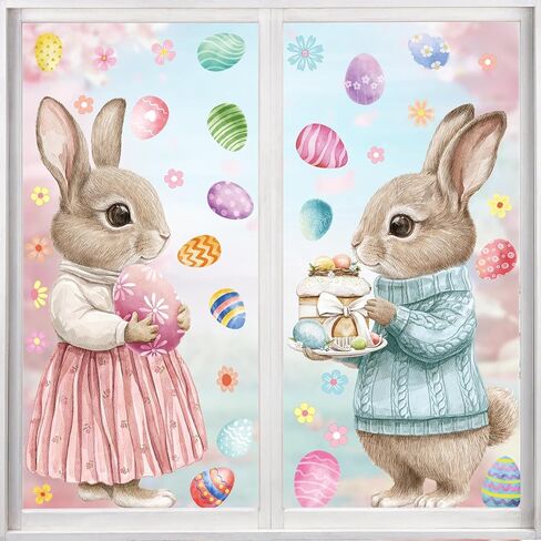 2 Pcs Large Easter Bunny Window Clings, 23.62"×11.81" Static Vintage Easter Egg Window Stickers for Glass Window Decor, Double-Sided Rabbit Decorations for Home School Party Supplies in Saudi Arabia