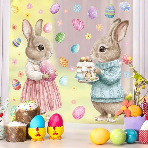 2 Pcs Large Easter Bunny Window Clings, 23.62"×11.81" Static Vintage Easter Egg Window Stickers for Glass Window Decor, Double-Sided Rabbit Decorations for Home School Party Supplies in Saudi Arabia