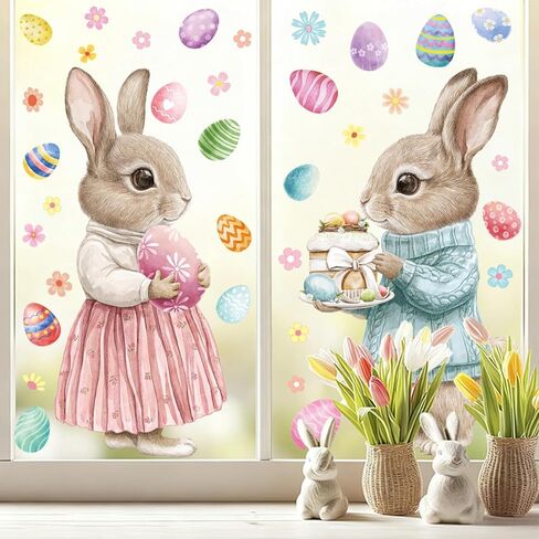 2 Pcs Large Easter Bunny Window Clings, 23.62"×11.81" Static Vintage Easter Egg Window Stickers for Glass Window Decor, Double-Sided Rabbit Decorations for Home School Party Supplies in Saudi Arabia