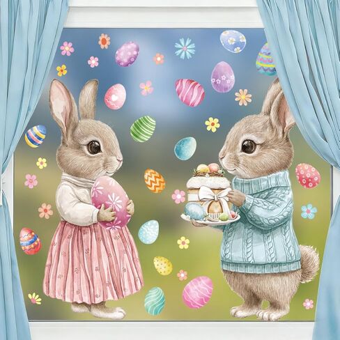 2 Pcs Large Easter Bunny Window Clings, 23.62"×11.81" Static Vintage Easter Egg Window Stickers for Glass Window Decor, Double-Sided Rabbit Decorations for Home School Party Supplies in Saudi Arabia