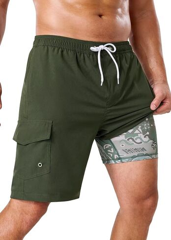SILKWORLD Mens Swim Trunks with Compression Liner 9" Stretch Beach Shorts Quick Dry Bathing Suits with Zipper Pockets in Saudi Arabia