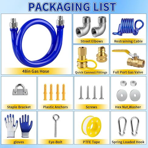 Boltigen 1675KITB48 Safety System Kit, 48 inch Commercial Gas Hose with 3/4" id, Natural Gas Line Hose Connector Kit Comes with Elbows Quick Disconnect Full Port Brass Gas Valve Restraining Device in Saudi Arabia