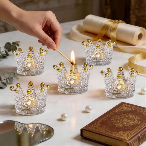 Rubtlamp 6 Pack Clear Gold Crown Glass Candle Holder, Clear Votive Candle Holders with Gold Tips, Tealight Candles Holders for Table Centerpieces, Wedding, Birthday in Saudi Arabia