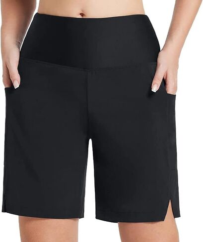 Women's 9" Long Swim Board Shorts with Zipper Pockets High Waisted Knee Length Beach Swimming Shorts with Liner in Saudi Arabia