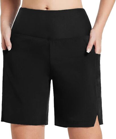 Women's 9" Long Swim Board Shorts with Zipper Pockets High Waisted Knee Length Beach Swimming Shorts with Liner in Saudi Arabia
