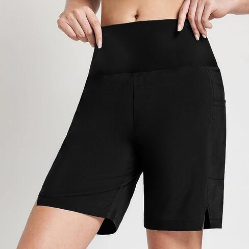 Women's 9" Long Swim Board Shorts with Zipper Pockets High Waisted Knee Length Beach Swimming Shorts with Liner in Saudi Arabia
