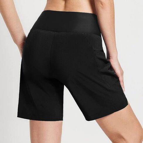 Women's 9" Long Swim Board Shorts with Zipper Pockets High Waisted Knee Length Beach Swimming Shorts with Liner in Saudi Arabia