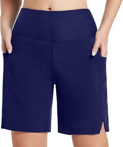 Women's 9" Long Swim Board Shorts with Zipper Pockets High Waisted Knee Length Beach Swimming Shorts with Liner in Saudi Arabia