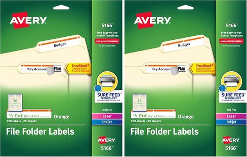 ملصقات مجلد ملفات Avery TrueBlock، 2/3 بوصة × 3-7/16 بوصة، 750 ملصق قابل للطباعة، أبيض/برتقالي، دائم (5166) in Kuwait