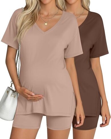 2 Pack Women Maternity Pajama Sets 2 Piece Outfits Short Sleeve V Neck Shirts and Biker Shorts Pregnancy Clothes in Saudi Arabia