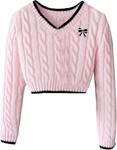 Girl's Bow Embroidery Cable Knit Cropped Sweaters V Neck Long Sleeve Preppy Pullover Jumper in Saudi Arabia